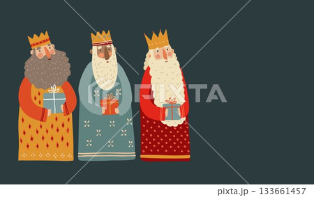 Christmas greeting card invitation. Biblical Three kings Caspar, Melchior, Balthazar bringing gifts isolated on night background. Dia de Reyes holiday. Happy epiphany vector illustration. Christianity Christmas greeting card invitation. Biblical Three kings Caspar, Melchior, Balthazar bringing gifts isolated on night background. Dia de Reyes holiday. Happy epiphany vector illustration. Christianity 133661457