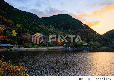 藺牟田池の紅葉と夕暮れの湖畔　秋の静かな風景 133661525