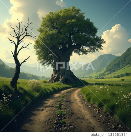 Majestic tree stands proud along a winding dirt road Generative AI Majestic tree stands proud along a winding dirt road Generative AI 133661554