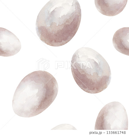 Watercolor seamless pattern with white eggs. Farm products on an isolated background. A template for packaging and wrapping paper in farming, textiles. 133661748