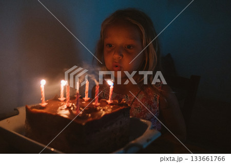 Young Girl Blowing Candles on Birthday Cake 133661766