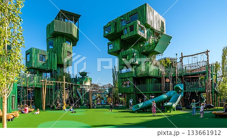 A green playground with two tall buildings and a lot of children playing A green playground with two tall buildings and a lot of children playing 133661912