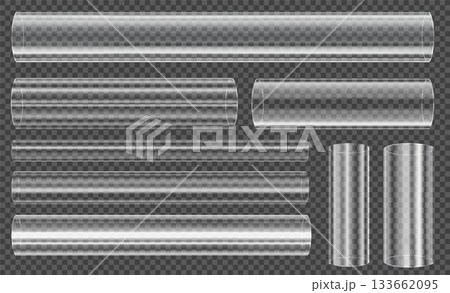 Transparent glass 3d tube. Clear realistic plastic pipe for laboratory or industrial and scientific concept. Chemistry and medical equipment for technology or pharmacy design. Vector isolated set 133662095