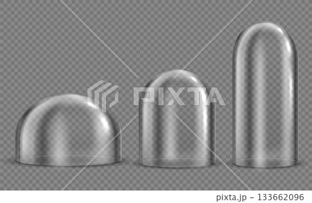 Realistic 3d glass dome cover, transparent bell, clear case for display and protection. Isolated vector sphere and hemisphere, showcase or security concept, product package, Christmas stand template 133662096