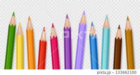 Realistic 3d color pencils. Abstract wooden pencil group for children art or school education background. Isolated crayon in rainbow spectrum, creative drawing, artistic palette. Isolated vector set Realistic 3d color pencils. Abstract wooden pencil group for children art or school education background. Isolated crayon in rainbow spectrum, creative drawing, artistic palette. Isolated vector set 133662100