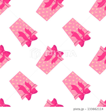 Seamless pattern with pink gift boxes decorated with soft ribbon bows and gentle heart elements. Vector illustration Seamless pattern with pink gift boxes decorated with soft ribbon bows and gentle heart elements. Vector illustration 133662114