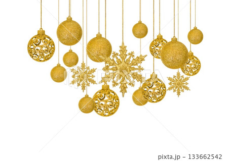Set of Christmas decorative tree ornament in the shape of a golden shiny snowflakes on string and balls, isolated on a transparent background with clipping path. Design element for Christmas card Set of Christmas decorative tree ornament in the shape of a golden shiny snowflakes on string and balls, isolated on a transparent background with clipping path. Design element for Christmas card 133662542