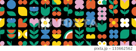Flower berry fruit abstract geometric shapes. Brutal modern contemporary seamless pattern with icon arch cloud vawe circle and other primitive elements. Swiss design aesthetic. Bauhaus memphis design. 133662562