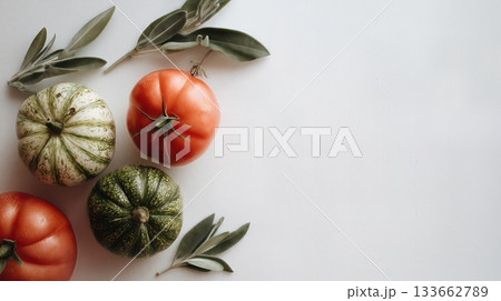 Fresh tomatoes and round zucchinis arranged with sage leaves on white background. 133662789