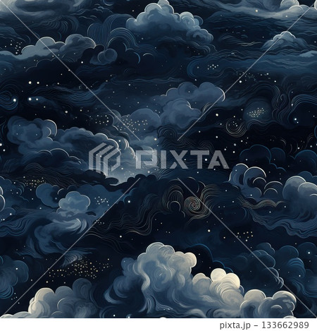 Dramatic painted night sky with swirling clouds and tiny stars in a seamless pattern 133662989