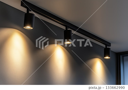 Lighting equipment on the wall in the living room. Spotlights under the ceiling. Track LED-lighting system 133662990