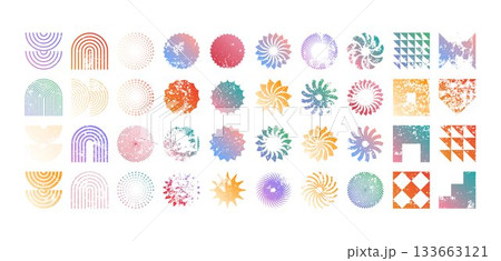 Colorful geometric shapes, modern grunge symbols. Simple primitive elements and forms, distressed details. Retro design, aged, vintage, trendy contemporary minimalist style, y2k. Vector illustration 133663121