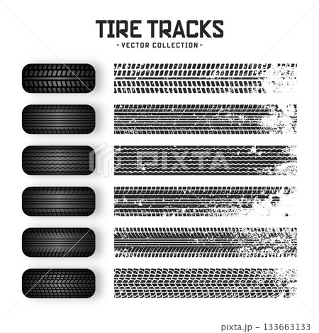 Grunge tire tracks, rubber wheels, and braking marks. Truck, car, or motorcycle tread pattern silhouettes. Perfect for auto racing, motorsport, and speed-related designs. Vector illustration 133663133