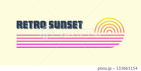 Vintage colorful sunset. Various gradient striped sunrise badges in 80s and 90s style. Sun and ocean view, summer vibes, surfing. Design element for print, logo or t-shirt. Vector illustration 133663154