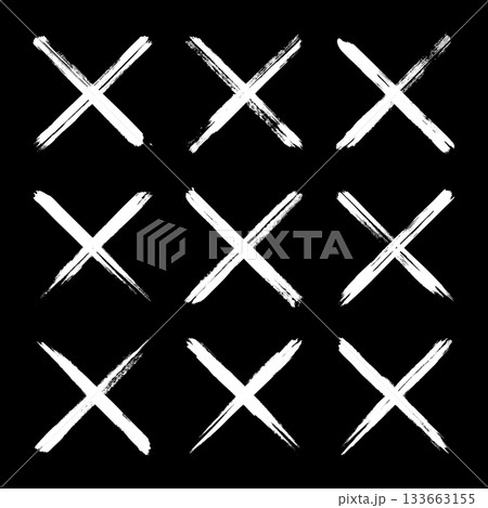 Grunge crosses, brush strokes, x mark, lines, ink smudges, hand-drawn scribble shapes. Handmade sketchy marks, acrylic stains, charcoal streaks. Paint textures, dry brush effect. Vector illustration 133663155