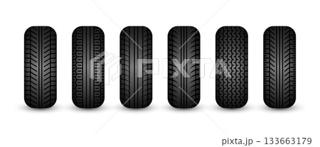 Rubber tires silhouettes. Car, truck, and motorcycle wheels, tread pattern designs. Perfect for automotive, racing, and motorsport themes, repair service and transport industry. Vector illustration 133663179
