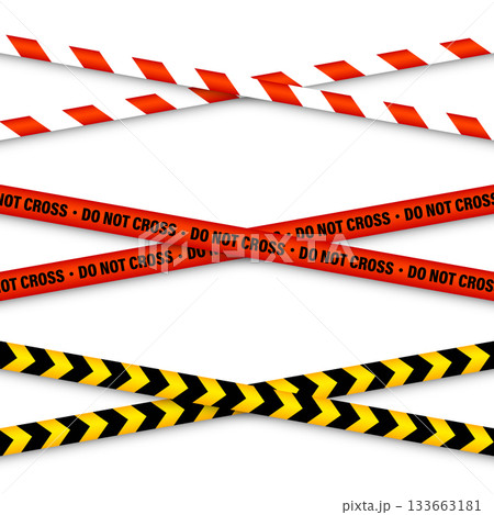 Barricade construction tape. Colorful police warning line, brightly colored danger or hazard stripe, ribbon. Restricted area, zone. Attention symbol. Vector illustration Barricade construction tape. Colorful police warning line, brightly colored danger or hazard stripe, ribbon. Restricted area, zone. Attention symbol. Vector illustration 133663181