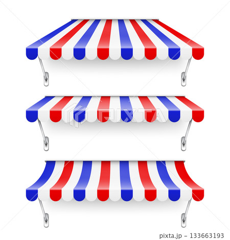 Shop sunshade with metal holder. Realistic striped cafe awning. Outdoor market tent. Roof canopy in French flag colors. Summer street store. Vector illustration 133663193