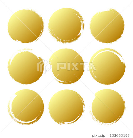 Golden grunge circles, brush strokes, lines, ink smudges, hand-drawn scribble shapes. Handmade sketchy marks, acrylic stains, charcoal streaks. Paint textures, dry brush effect. Vector illustration 133663195