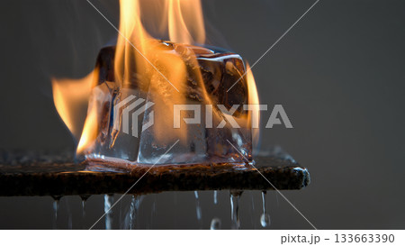 Clear ice cube intensely burning in vibrant orange flames as melting water droplets are dripping down. Dramatic visual paradox of fire and ice. Warmth and coldness effect 133663390