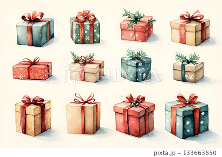 Watercolor collection of Christmas gift boxes with red and green ribbons, bows, holly, pine Watercolor collection of Christmas gift boxes with red and green ribbons, bows, holly, pine 133663650
