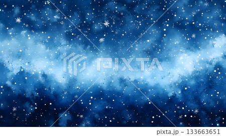 Deep blue watercolor abstract with soft gradient and falling snow, scattered snowflakes 133663651