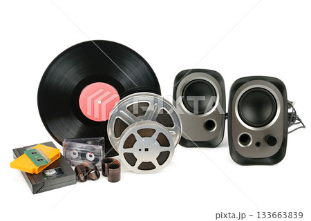 Collection of Vintage Media and Computer Speakers on White 133663839