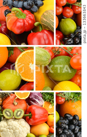 Vertical Collage of Assorted Fresh Fruits and Vegetables Vertical Collage of Assorted Fresh Fruits and Vegetables 133663843