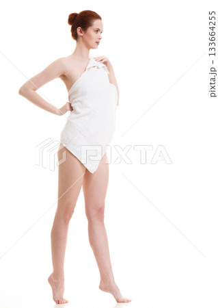 Naked woman in towel after bath Naked woman in towel after bath 133664255
