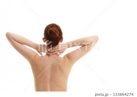Sitting naked woman in white towel Sitting naked woman in white towel 133664274