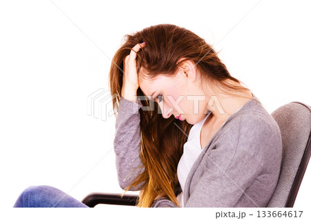 Woman suffering from headache migraine pain Woman suffering from headache migraine pain 133664617