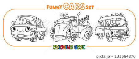 Funny vintage cars with eyes. Coloring book set 133664876