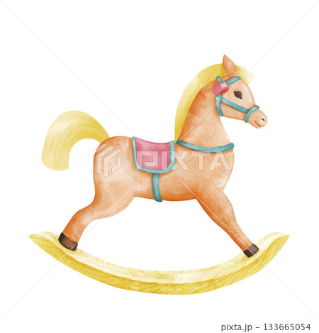 Rocking horse animal with pink saddle and blue bridle isolated on white background. Watercolor hand drawn illustration of children's toy rocking pony in cartoon style for children's cards, educational 133665054