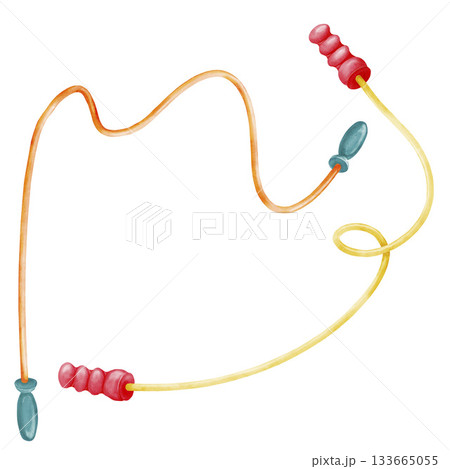 Two skipping ropes isolated on a white background, top view. Watercolor multicolored illustration of jump rope with plastic handles in cartoon style. Equipment for cardio workout, children's games Two skipping ropes isolated on a white background, top view. Watercolor multicolored illustration of jump rope with plastic handles in cartoon style. Equipment for cardio workout, children's games 133665055