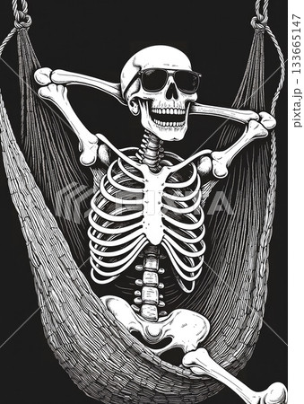 skeleton lounges in a hammock - ai generated 133665147