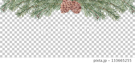 Christmas banner with fir, pine branches and cones. Watercolor horizontal frame, border. Hand drawn illustration. Perfect as a web banner, card and invitation template. Christmas banner with fir, pine branches and cones. Watercolor horizontal frame, border. Hand drawn illustration. Perfect as a web banner, card and invitation template. 133665255