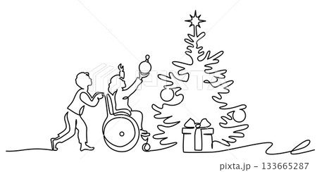 Child in wheelchair decorates a Christmas tree together with friend. Child in wheelchair decorates a Christmas tree together with friend. 133665287