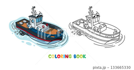 Funny tugboat with eyes. Boat or ship illustration 133665330