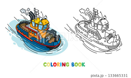 Funny tugboat with eyes. Boat or ship illustration Funny tugboat with eyes. Boat or ship illustration 133665331
