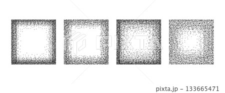 Dotwork noise gradient black square frames set isolated on transparent background. Sand stipple grain noise effect patterns set. Abstract grunge gradients made of dots collection. Vector 133665471