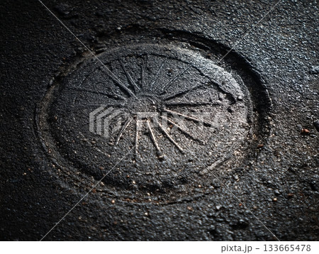 A round design with radiating lines is pressed into the dark asphalt, showcasing the texture and patterns of the urban environment under bright daylight 133665478