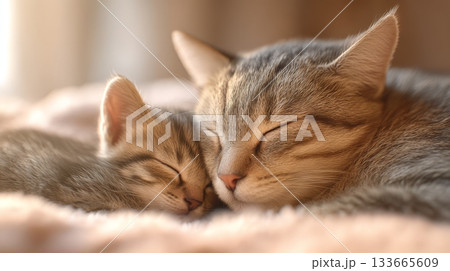 A mother cat rests with her kitten, both curled up together on a soft blanket, enjoying a peaceful sleep in warm sunlight A mother cat rests with her kitten, both curled up together on a soft blanket, enjoying a peaceful sleep in warm sunlight 133665609