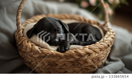 A newborn black lab puppy rests soundly in a woven basket, nestled on soft blankets, creating a serene and heartwarming atmosphere A newborn black lab puppy rests soundly in a woven basket, nestled on soft blankets, creating a serene and heartwarming atmosphere 133665654
