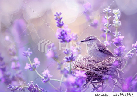 A small bird rests gently in its nest surrounded by blooming purple flowers under soft sunlight, creating a serene and beautiful scene of nature A small bird rests gently in its nest surrounded by blooming purple flowers under soft sunlight, creating a serene and beautiful scene of nature 133665667