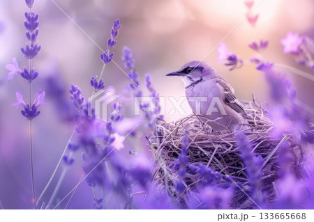 A charming bird rests in its nest surrounded by stunning purple flowers, bathed in the warm, gentle light of sunset, showcasing nature's beauty and harmony A charming bird rests in its nest surrounded by stunning purple flowers, bathed in the warm, gentle light of sunset, showcasing nature's beauty and harmony 133665668