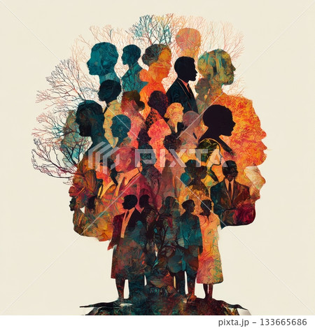 Bright, detailed family tree design displays diverse silhouettes of people, symbolizing family connections across multiple generations and relationships 133665686