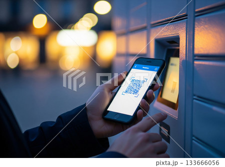 At a self-service locker, a person unlocks a delivery using a QR code on their smartphone for convenient contactless access 133666056