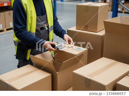 A worker in a warehouse scans a QR code with a label printer, ensuring careful inventory management and quality control for each package 133666057