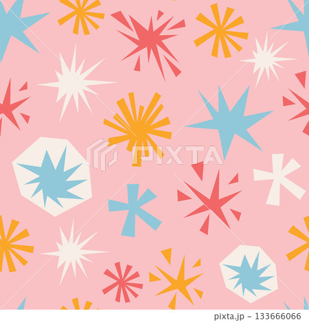 Pastel pink seamless pattern with irregular stars and simple geometric shapes in soft collage cartoon style. Pastel pink seamless pattern with irregular stars and simple geometric shapes in soft collage cartoon style. 133666066