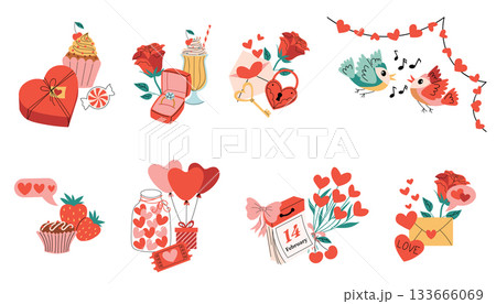 Colorful compositions with Happy Valentines Day elements such as rose, songbird, gift box with heart balloon, milkshake. 133666069